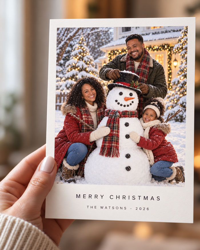 Hand holding the finished Festive Portrait Christmas card showing the family with a snowman