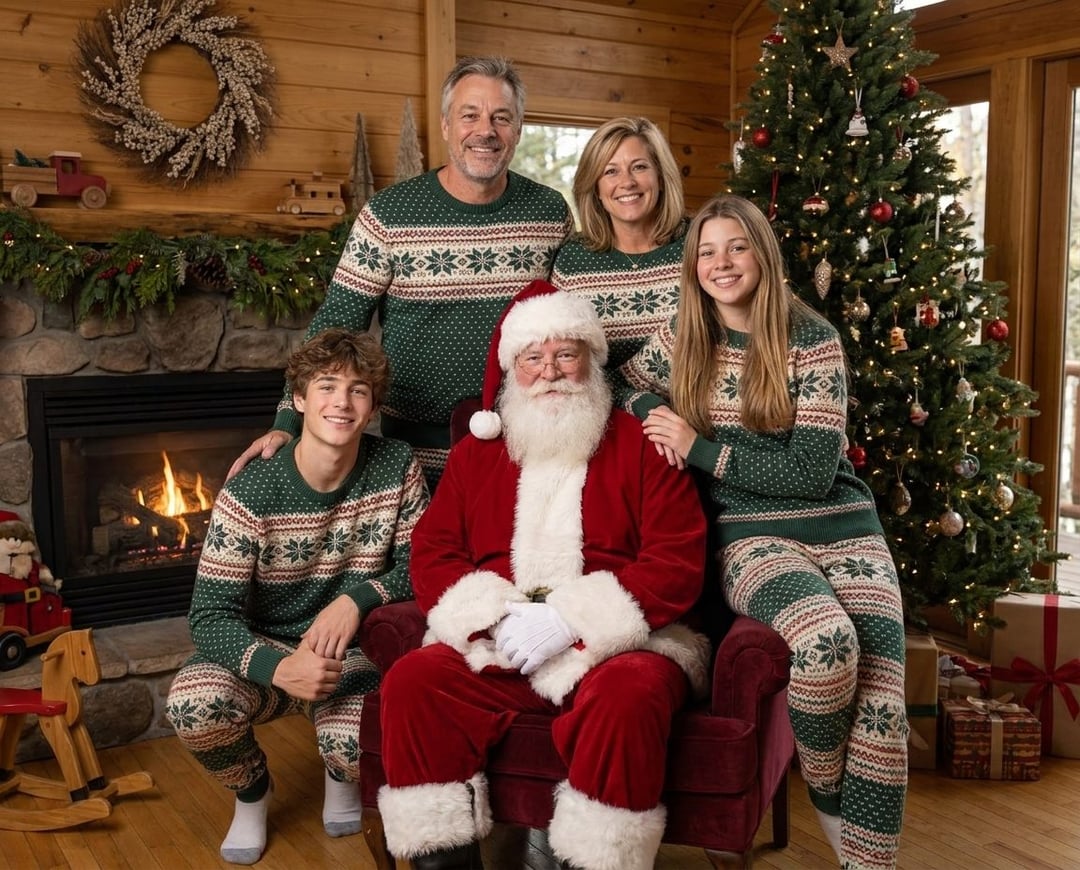 Family in matching knitted Christmas pajamas with Santa Claus beside a stone fireplace