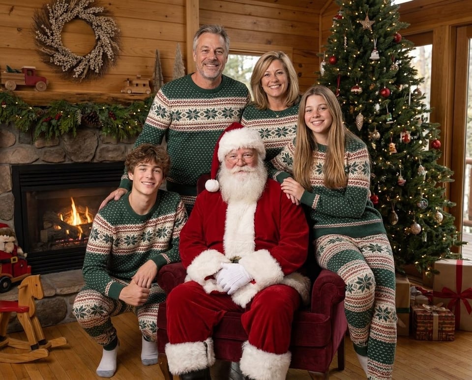 Family in matching knitted Christmas pajamas with Santa Claus beside a stone fireplace