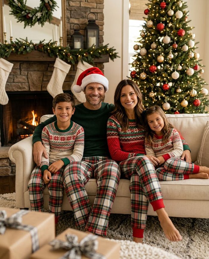 Christmas family portrait of a family of four in matching holiday pajamas on a sofa with their golden retriever beside a lit tree