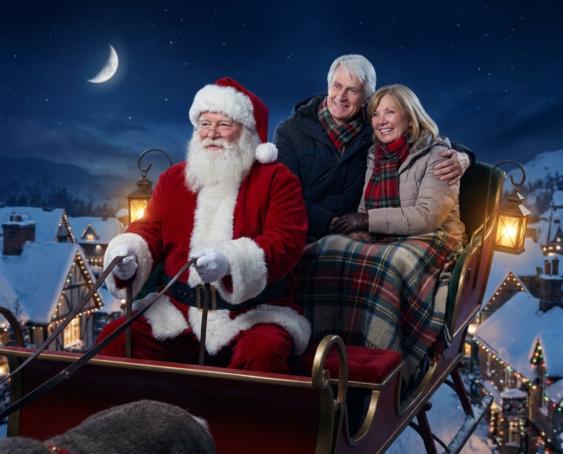 Couple flying with Santa in his sleigh above a snowy Christmas village