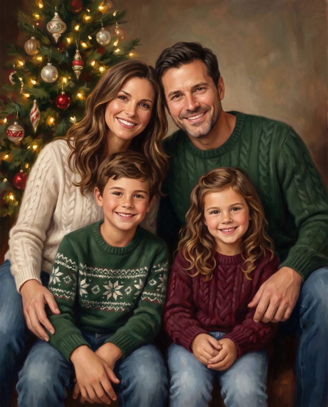 Softly painted Christmas family portrait of a family of four beside a glowing Christmas tree
