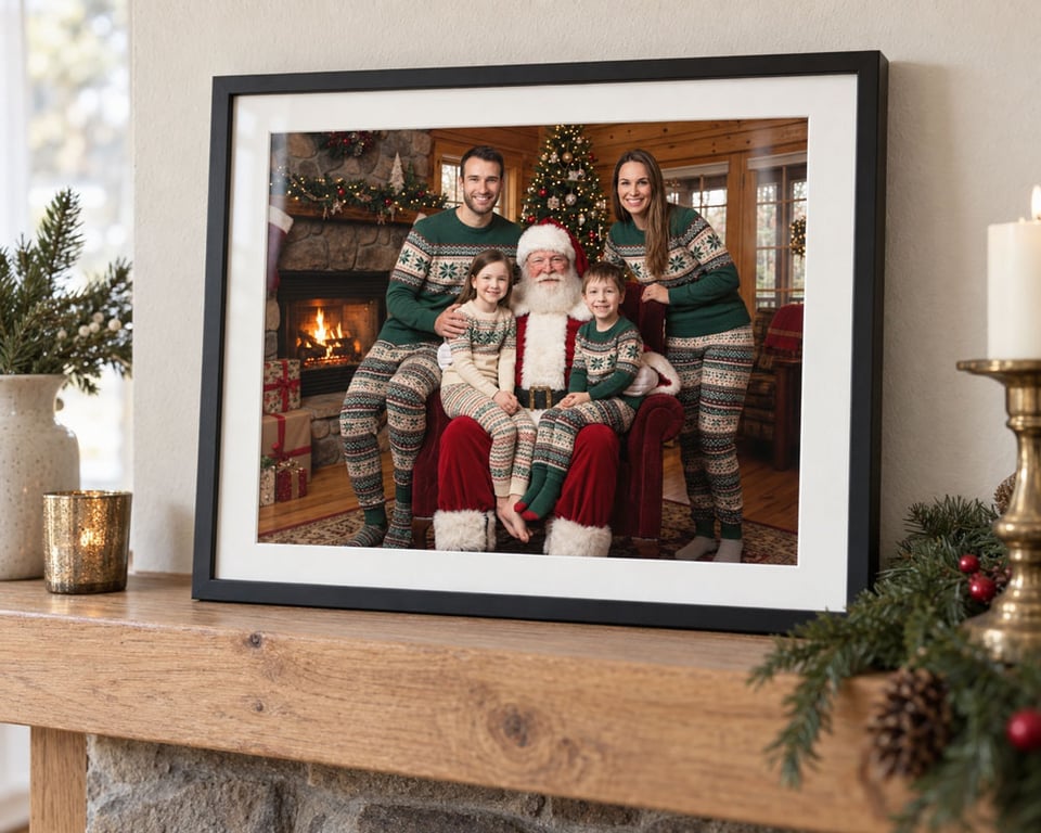 Finished framed family Christmas portrait with Santa in matching pajamas