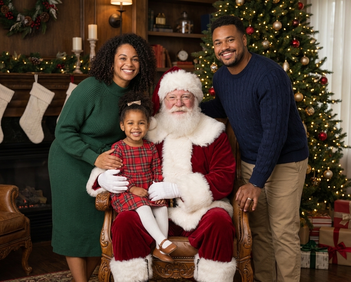 Family of three posing with Santa beside a decorated Christmas tree