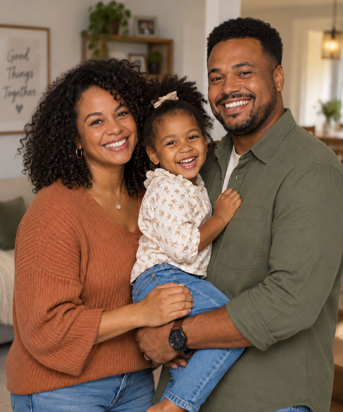 Everyday family photo of a mother, father and young daughter smiling together at home
