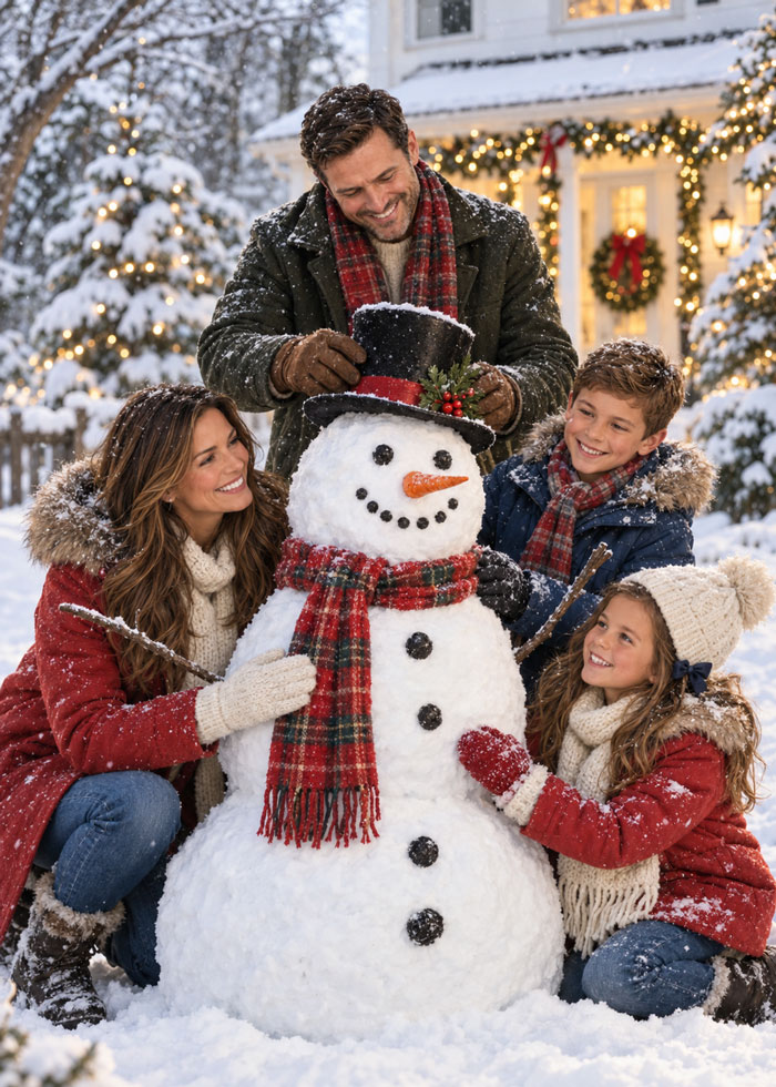 Christmas family portrait of a family of four building a snowman in the snow outside a festively lit house
