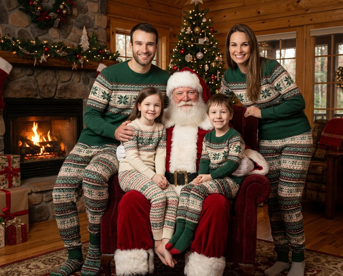 Family of four in matching Christmas pajamas posing with Santa
