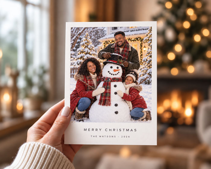 Hand holding a premium 5 by 7 Christmas card printed with a family portrait