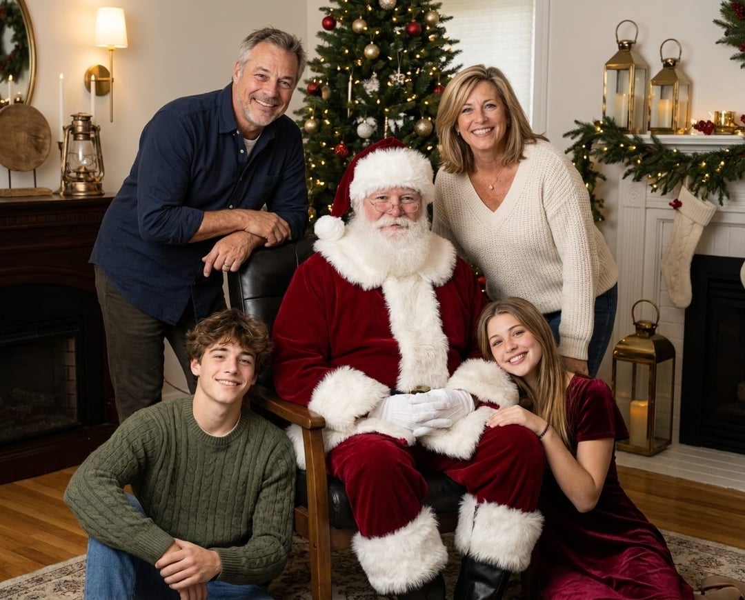 Family photographed with Santa Claus beside a decorated Christmas tree