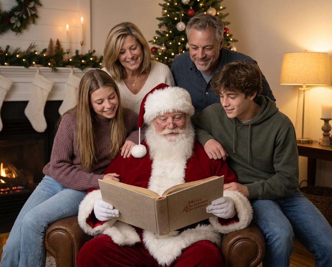 Santa Claus reading a Christmas book with a family gathered around