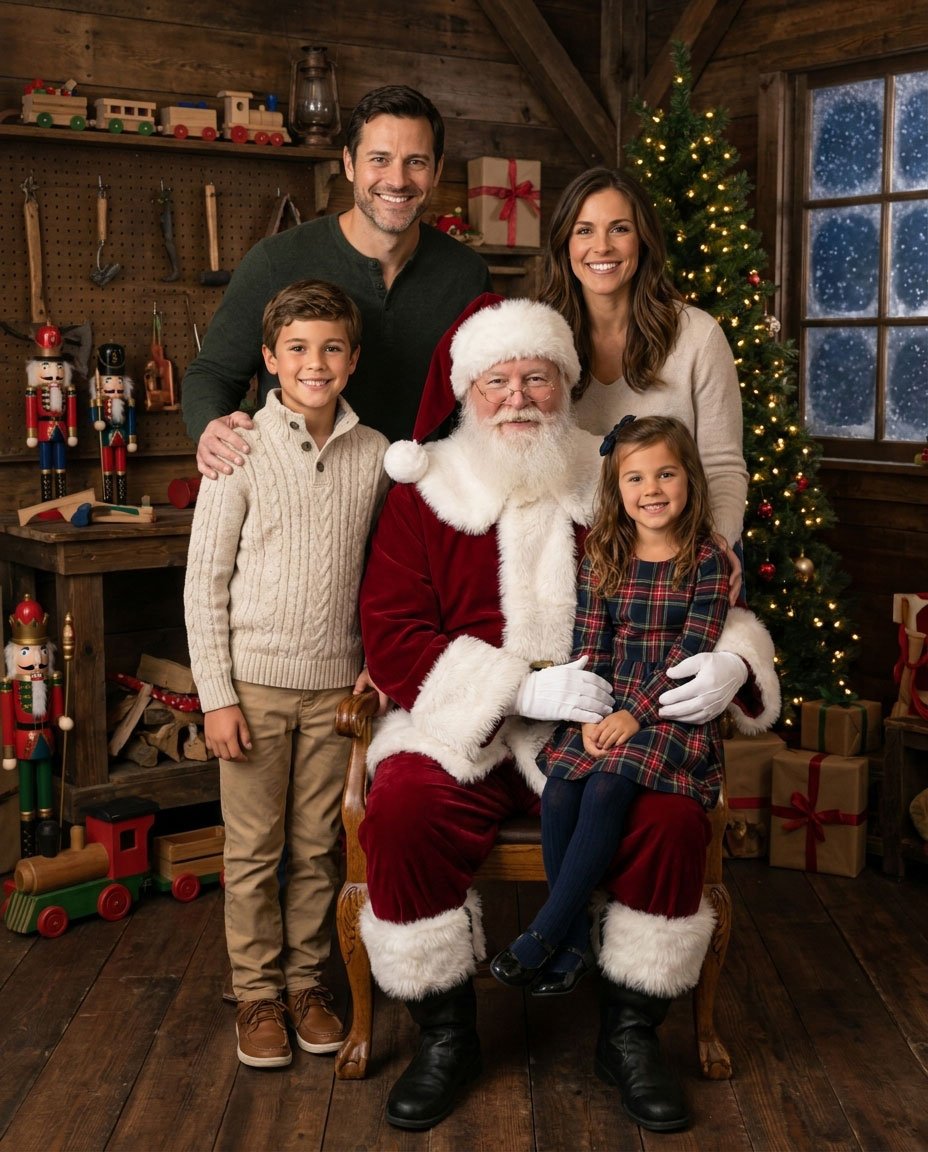 Christmas family portrait of a family of four with Santa Claus in Santa's Workshop