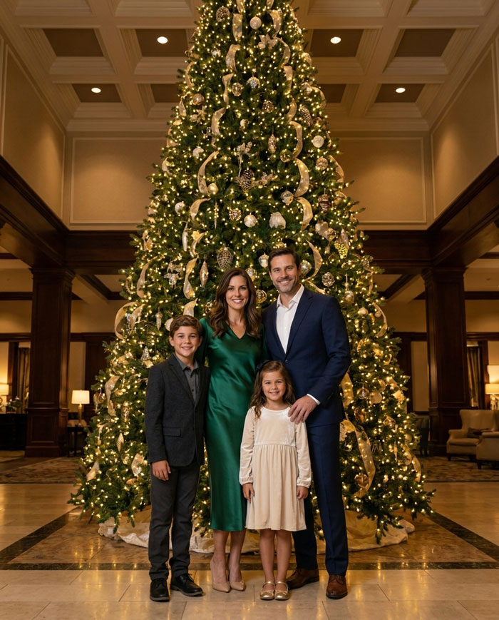 Christmas family portrait of a family of four in evening wear standing before an enormous lit Christmas tree in a grand hotel lobby