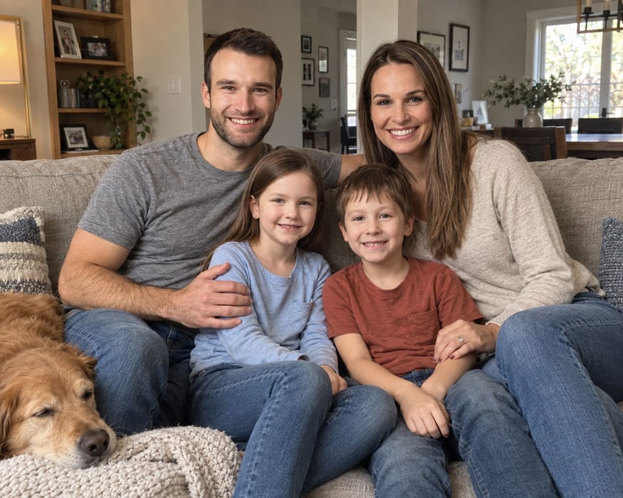 Original family of four with their dog smiling together at home